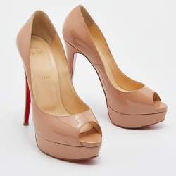 Pre Owned Christian Louboutin Beige Patent Leather Lady Peep Toe Platform Pumps Size 39