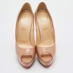 Pre Owned Christian Louboutin Beige Patent Leather Lady Peep Toe Platform Pumps Size 39