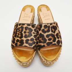 Christian Louboutin Brown/Beige Calf Hair Myriama Leopard Wedges Sandals Size 41