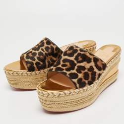 Christian Louboutin Brown/Beige Calf Hair Myriama Leopard Wedges Sandals Size 41