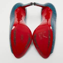 Pre Owned Christian Louboutin Dark Teal Croc Embossed Leather Flo Pumps Size 40.5