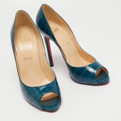Pre Owned Christian Louboutin Dark Teal Croc Embossed Leather Flo Pumps Size 40.5