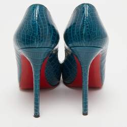 Pre Owned Christian Louboutin Dark Teal Croc Embossed Leather Flo Pumps Size 40.5