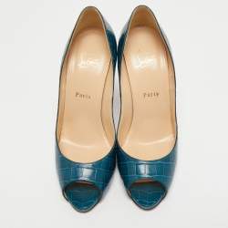 Pre Owned Christian Louboutin Dark Teal Croc Embossed Leather Flo Pumps Size 40.5