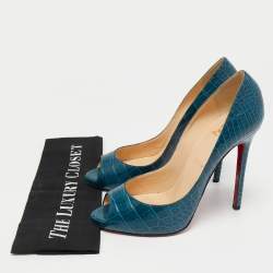 Pre Owned Christian Louboutin Dark Teal Croc Embossed Leather Flo Pumps Size 40.5