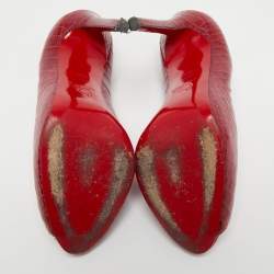 Pre Owned Christian Louboutin Dark Red Croc Embossed Leather Flo Pumps Size 40.5