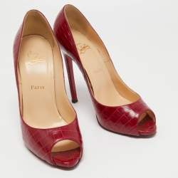 Pre Owned Christian Louboutin Dark Red Croc Embossed Leather Flo Pumps Size 40.5