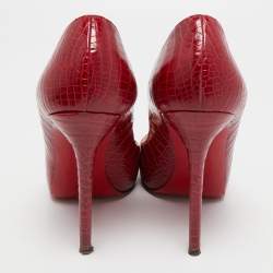 Pre Owned Christian Louboutin Dark Red Croc Embossed Leather Flo Pumps Size 40.5