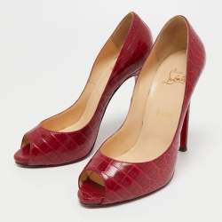 Pre Owned Christian Louboutin Dark Red Croc Embossed Leather Flo Pumps Size 40.5