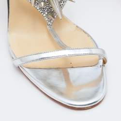 Pre Owned Christian Louboutin Silver Leather Lady Max Spike Ankle Strap Sandals Size 39.5