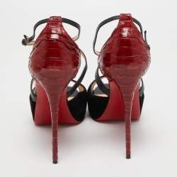 Christian Louboutin Black/Dark Red Leather, Suede and Python Cross Me Sandals Size 40.5