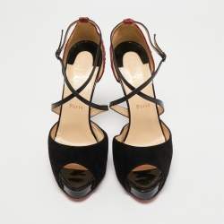 Christian Louboutin Black/Dark Red Leather, Suede and Python Cross Me Sandals Size 40.5