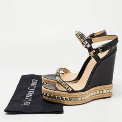 Christian Louboutin Black Leather Pyraclou Espadrille Wedge Sandals Size 41
