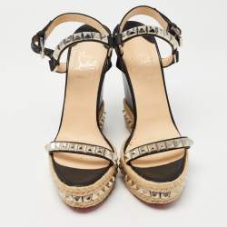 Christian Louboutin Black Leather Pyraclou Espadrille Wedge Sandals Size 41