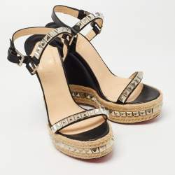Christian Louboutin Black Leather Pyraclou Espadrille Wedge Sandals Size 41