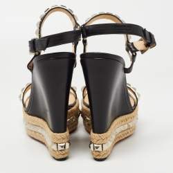 Christian Louboutin Black Leather Pyraclou Espadrille Wedge Sandals Size 41