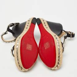 Christian Louboutin Black Leather Pyraclou Espadrille Wedge Sandals Size 41