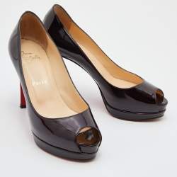 Christian Louboutin Dark Burgundy Patent Leather Altadama Peep Toe Platform Pumps Size 36.5