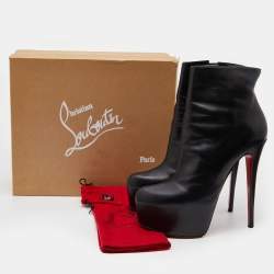 Pre Owned Christian Louboutin Black Leather Platform Ankle Length Boots Size 41