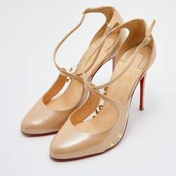 Pre Owned Christian Louboutin Beige Patent Leather Vita Dita Mary Jane Pumps Size 38.5