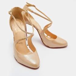 Pre Owned Christian Louboutin Beige Patent Leather Vita Dita Mary Jane Pumps Size 38.5