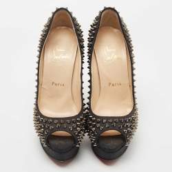 Christian Louboutin Dark Grey Denim Lady Peep Spikes Pumps Size 37