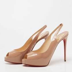 Pre Owned Christian Louboutin Beige Patent Leather Private Number Slingback Sandals Size 38.5