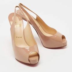 Pre Owned Christian Louboutin Beige Patent Leather Private Number Slingback Sandals Size 38.5