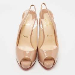 Pre Owned Christian Louboutin Beige Patent Leather Private Number Slingback Sandals Size 38.5