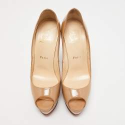 Pre Owned Christian Louboutin Beige Patent Leather Lady Peep Platform Pumps Size 38.5