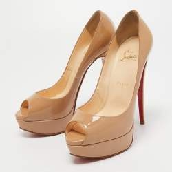 Pre Owned Christian Louboutin Beige Patent Leather Lady Peep Platform Pumps Size 38.5