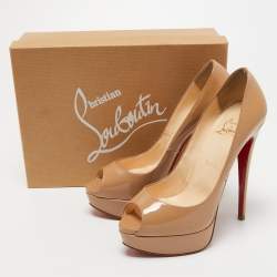 Pre Owned Christian Louboutin Beige Patent Leather Lady Peep Platform Pumps Size 38.5