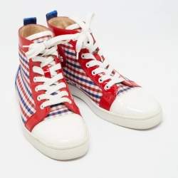 مملوكة مسبقًا Christian Louboutin Tricolor Patent Leather and Plaid Fabric Louis High Top Sneakers Size 40