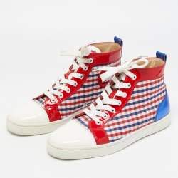 مملوكة مسبقًا Christian Louboutin Tricolor Patent Leather and Plaid Fabric Louis High Top Sneakers Size 40