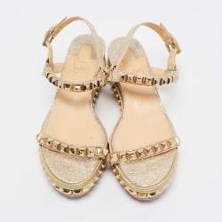 Christian Louboutin Gold Leather Pyraclou Espadrille Platform Sandals Size 39