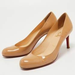 Pre Owned Christian Louboutin Beige Patent Leather Simple Pumps Size 37.5