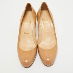 Pre Owned Christian Louboutin Beige Patent Leather Simple Pumps Size 37.5