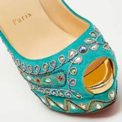 Pre Owned Christian Louboutin Turquoise Embellished Suede Lady Peep Pumps Size 37