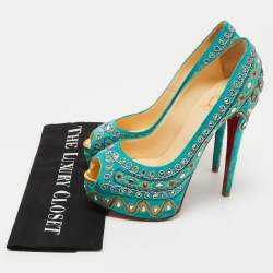 Pre Owned Christian Louboutin Turquoise Embellished Suede Lady Peep Pumps Size 37