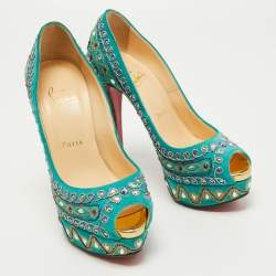 Pre Owned Christian Louboutin Turquoise Embellished Suede Lady Peep Pumps Size 37