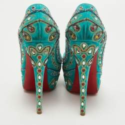 Christian Louboutin Turquoise Embellished Suede Lady Peep Pumps Size 37