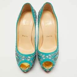 Pre Owned Christian Louboutin Turquoise Embellished Suede Lady Peep Pumps Size 37