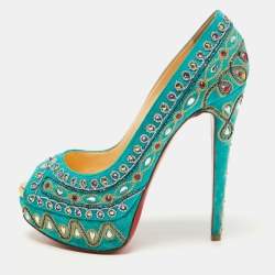 Christian Louboutin Turquoise Embellished Suede Lady Peep Pumps Size 37