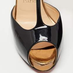 Pre Owned Christian Louboutin Black Patent Leather Peep Toe T-Bar Ankle Strap Sandals Size 37.5