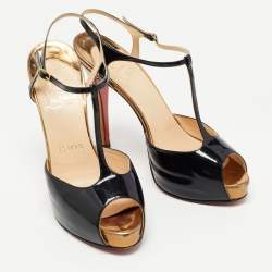 Pre Owned Christian Louboutin Black Patent Leather Peep Toe T-Bar Ankle Strap Sandals Size 37.5