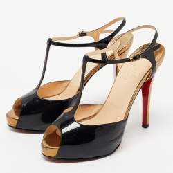 Pre Owned Christian Louboutin Black Patent Leather Peep Toe T-Bar Ankle Strap Sandals Size 37.5
