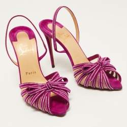 Pre Owned Christian Louboutin Purple Crystal Embellished Suede and Mesh Araborda Slingback Sandals Size 37