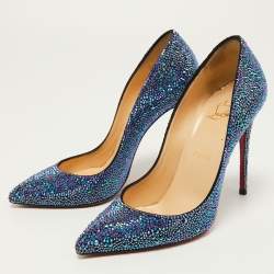 مملوكة مسبقًا Christian Louboutin Metallic Blue Crystal Embellished Suede Pigalle Follies Pumps Size 37