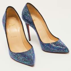 مملوكة مسبقًا Christian Louboutin Metallic Blue Crystal Embellished Suede Pigalle Follies Pumps Size 37