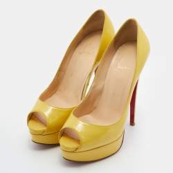 Pre Owned Christian Louboutin Yellow Patent Leather Lady Peep Platform Pumps Size 37